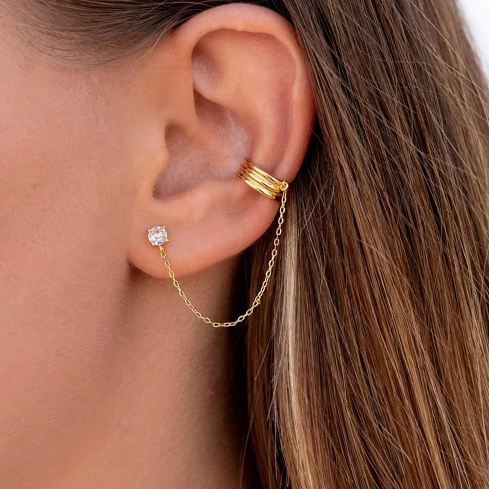 CZ Stud and Cuff Chain Earrings Stainless Steel - Picture 2 of 5